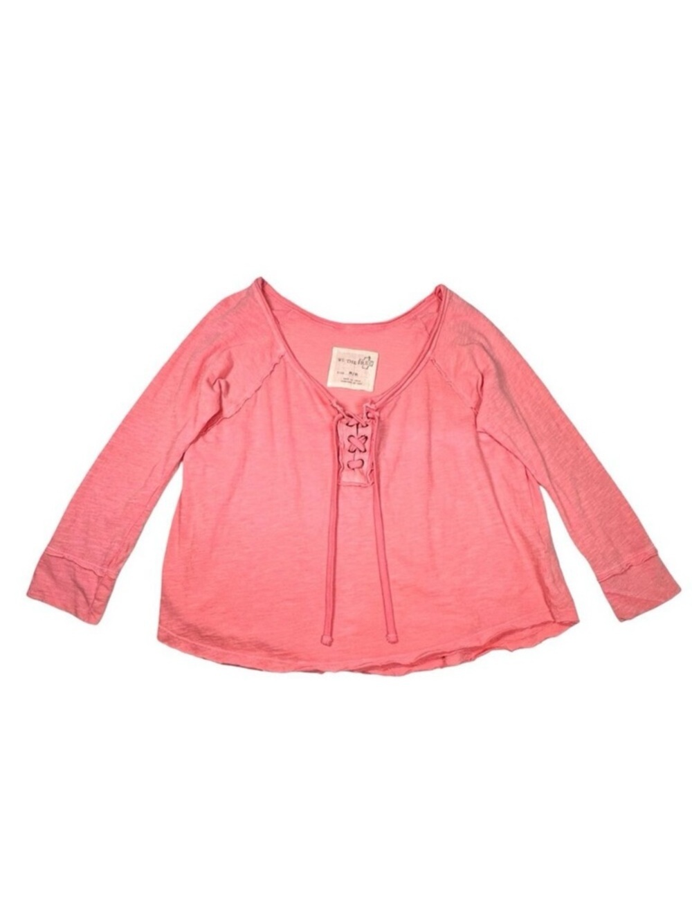 FP We The Free Long Sleeve Lace Up Top Sz M Peach Cotton Preppy Brights